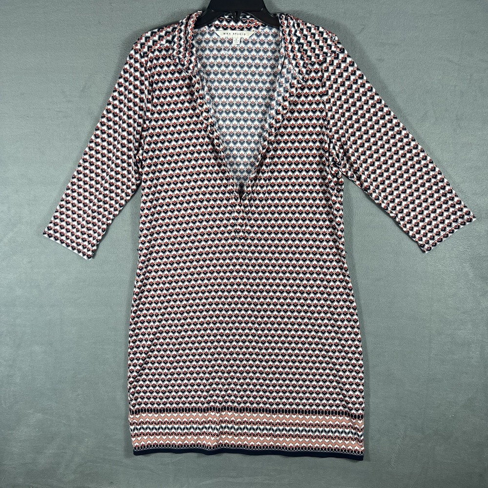 Max Studio Women's Size L Geometric Print V-Neck Collared Shift Dress 3/4 Sleeve